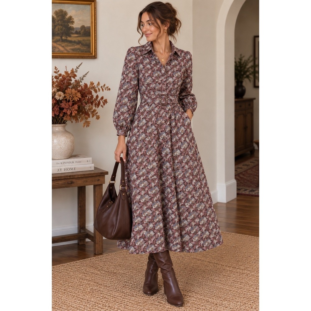 NWT Tuckernuck Hyacinth House Plum Fall Leafy Floral Kai Maxi Shirt Dress Sz L